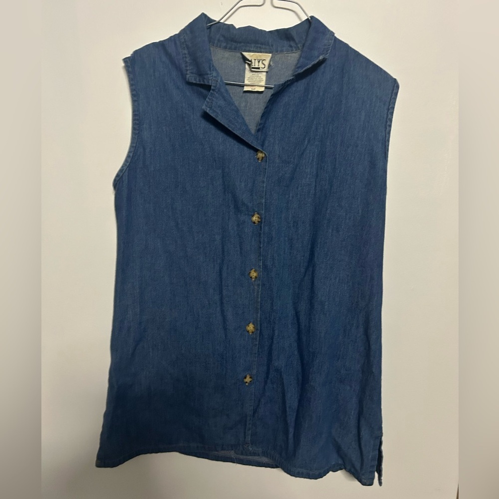 Vintage Women's Blue Sleeveless Cotton Denim Button Down Vest